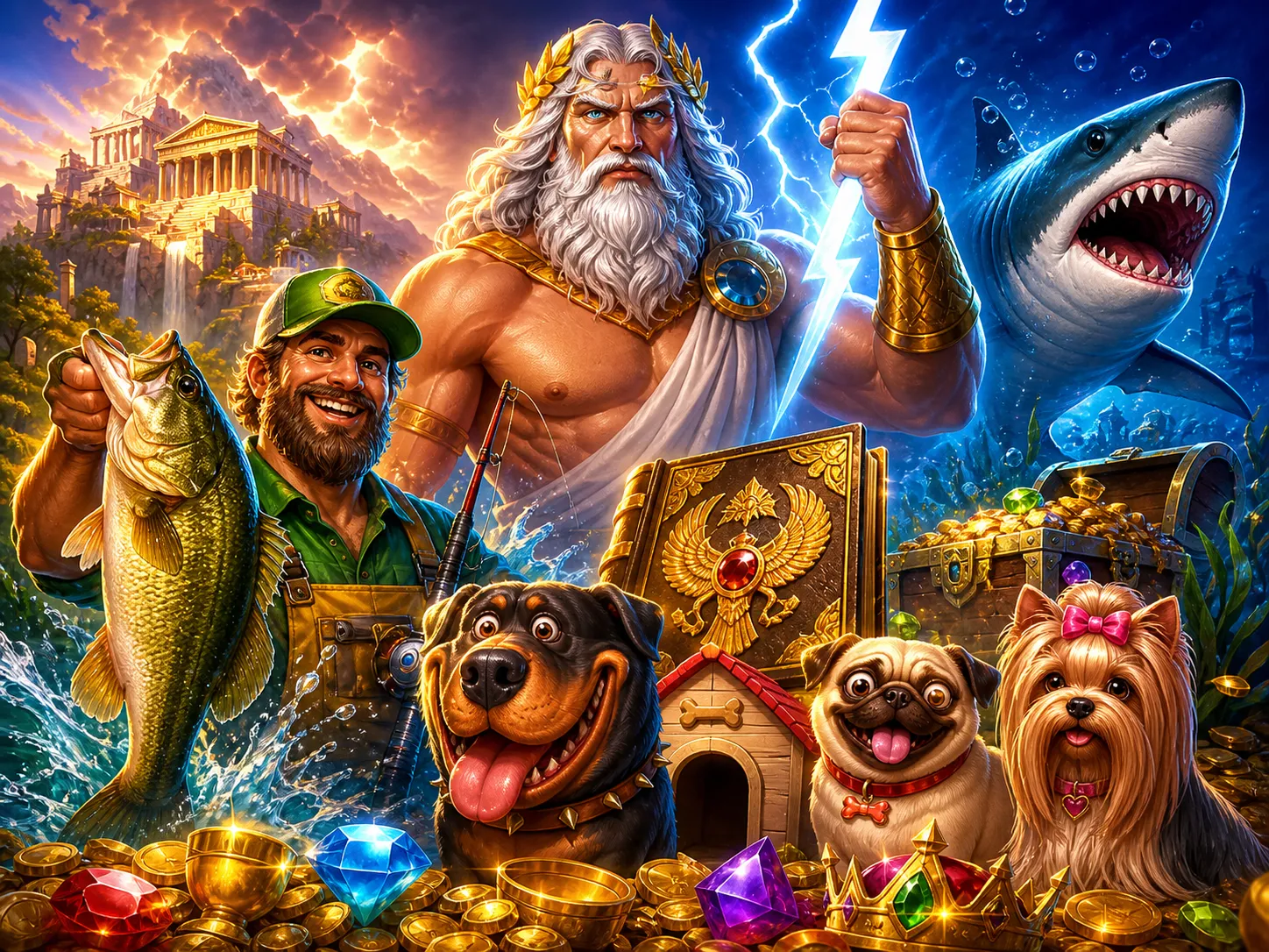 Illustration of vibrant slot game characters in a fantasy world, featuring mythical creatures and treasure chests in an encha