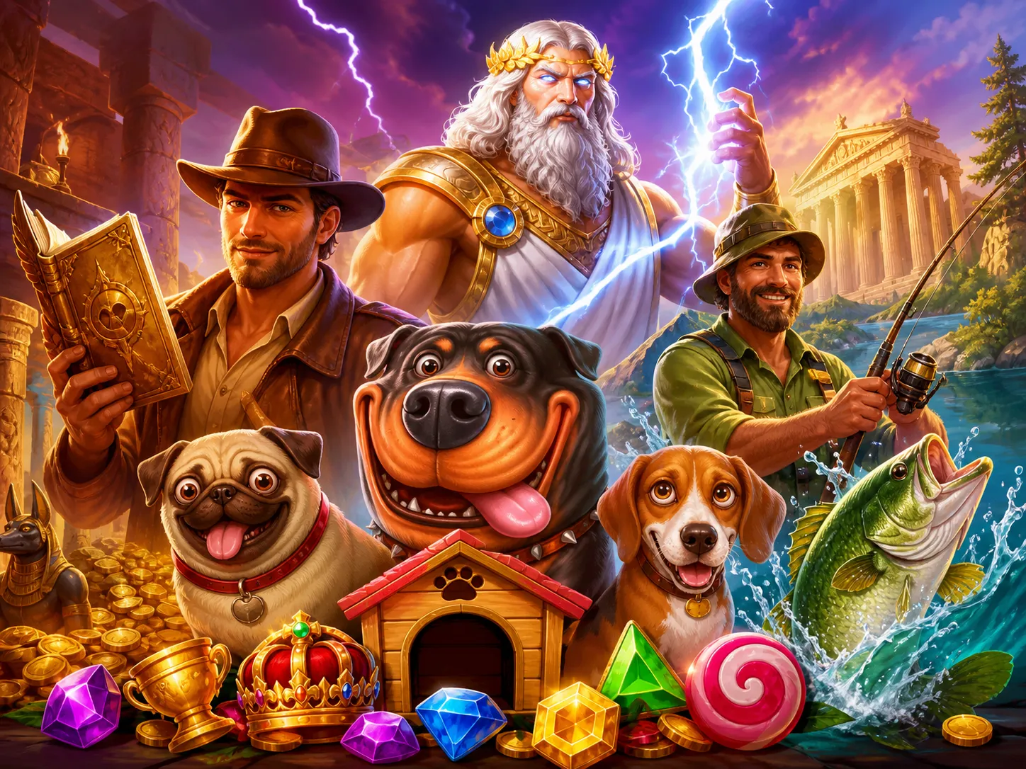 High-quality digital illustration of a slot game featuring vibrant fantasy elements like a mythical goddess, treasure chest, 