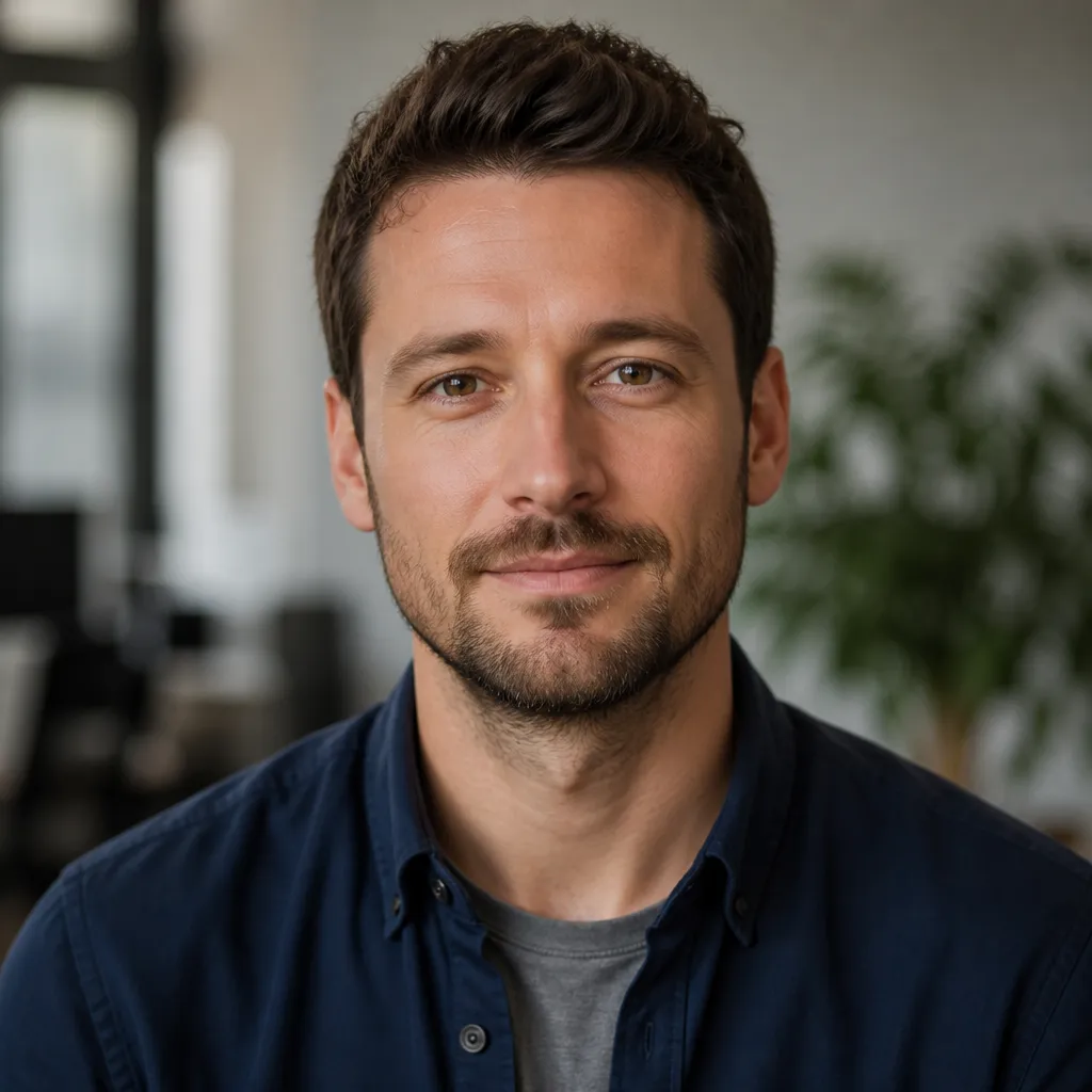 Realistic professional author portrait of an adult with natural features, wearing smart casual clothing; suitable for editori
